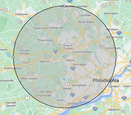 50 mile service radius map from Chester County PA