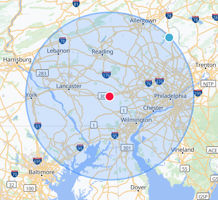 50 mile service radius map centered on Chester County PA showing coverage to Philadelphia, Lancaster, Wilmington, and surrounding areas